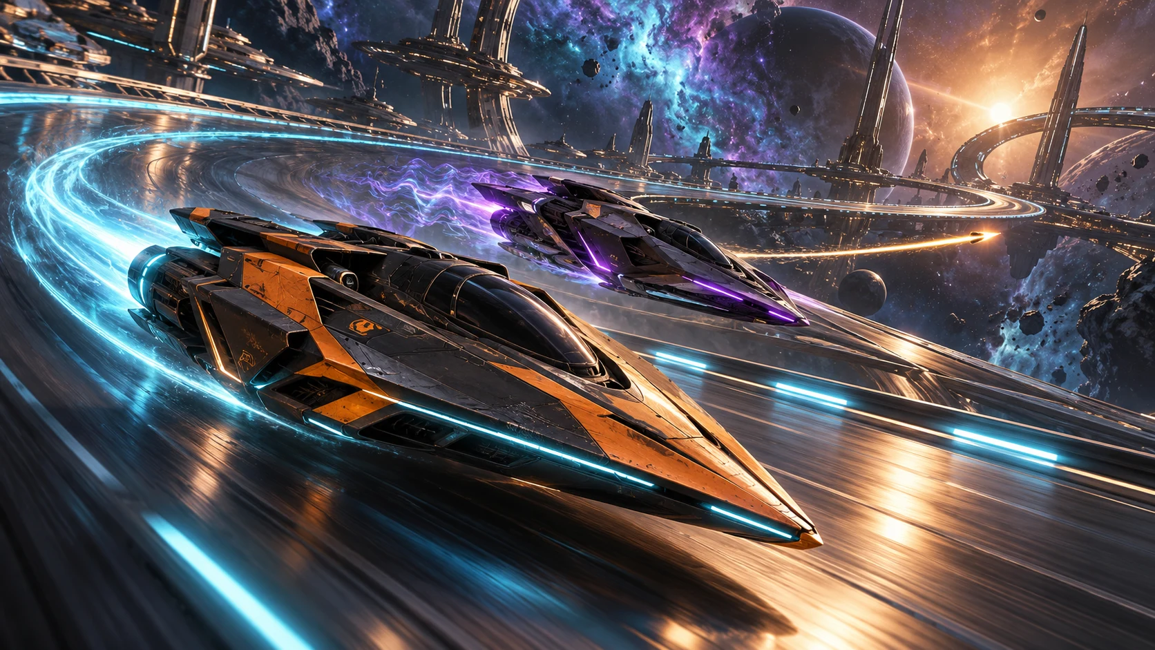 Cinematic promotional vision of rival spacecraft exchanging fire on an orbital raceway