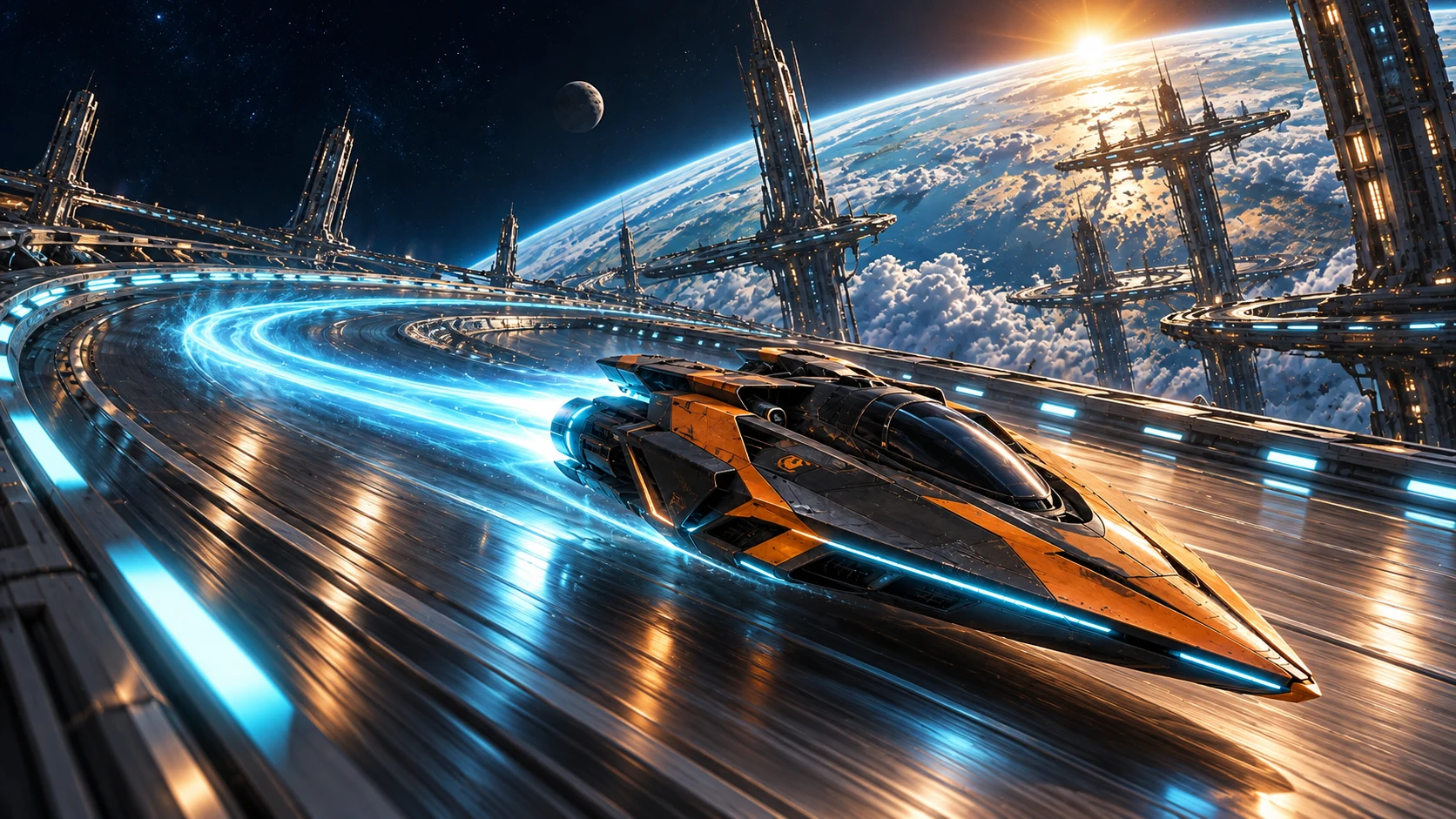 Cinematic promotional vision of a spacecraft drifting along a cyan-lit orbital curve above a vast blue planet