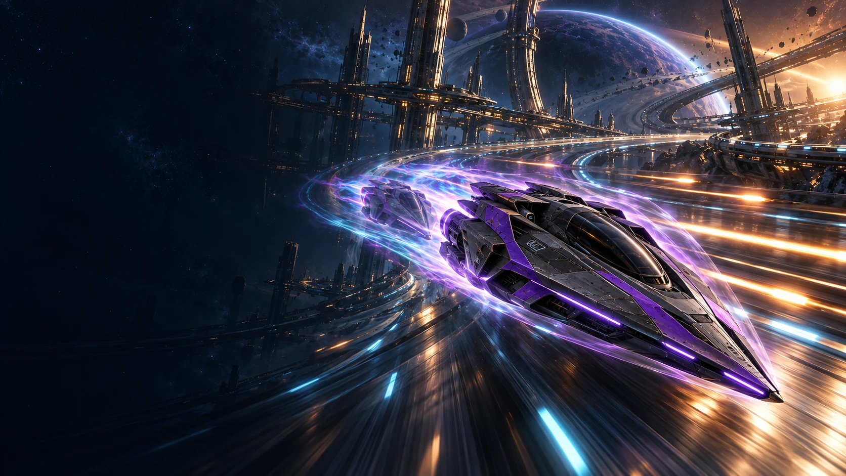Cinematic promotional vision of a violet spacecraft slipping through incoming fire in a refractive phase field
