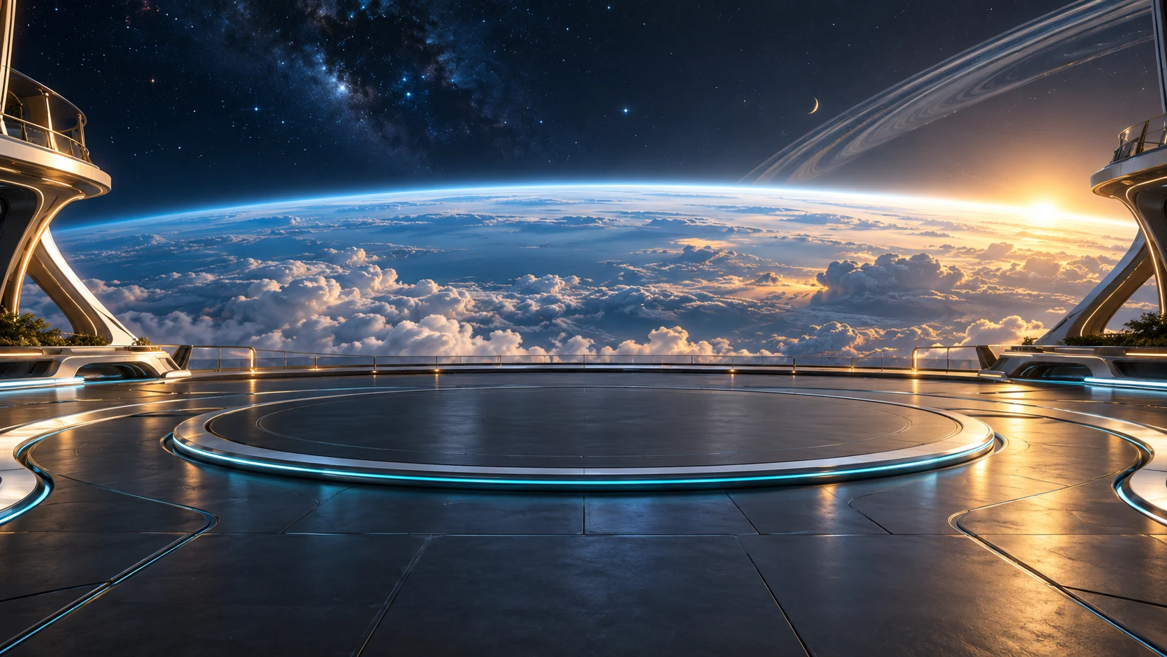 Cinematic orbital terrace overlooking a cloud-covered planet at sunrise