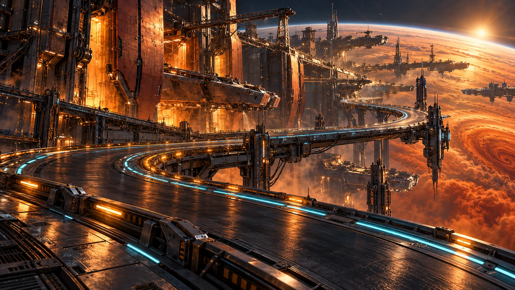Promotional vision of Rust Harbor: a sweeping illuminated raceway among monumental foundries above an amber gas planet